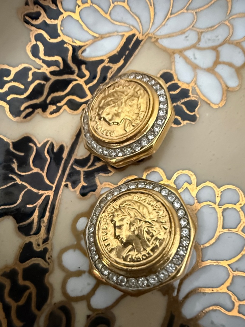 Gold Coin Halo Clip Earrings with Clear Crystal Accents
